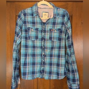 Hollister plaid button down shirt - medium - blue pink silver